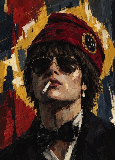 A textured oil painting-style portrait of a person wearing a red beanie, dark sunglasses, and a black bow tie, with a dangling cigarette in their mouth, set against a bold red, yellow, and dark blue background.