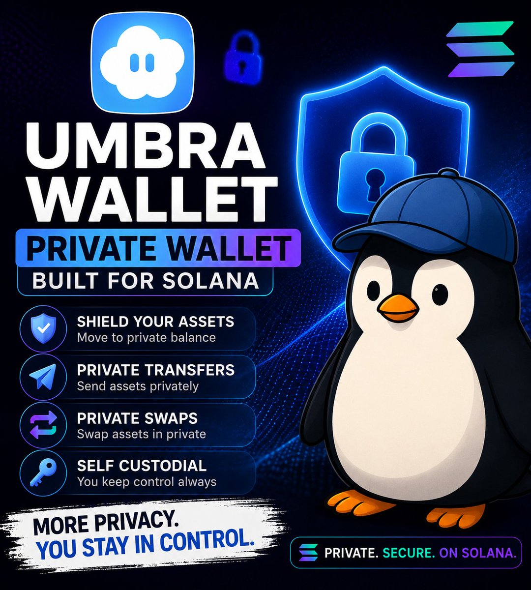Advertisement for 'UMBRA WALLET', a private wallet built for Solana, featuring a cartoon penguin mascot and listing features like private transfers, private swaps, and self-custody.