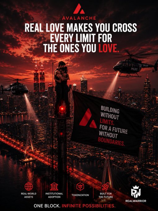 A promotional poster for "AVALANCHE" crypto with the tagline "REAL LOVE MAKES YOU CROSS EVERY LIMIT FOR THE ONES YOU LOVE," depicting a romantic couple on a tower against a red cityscape with police helicopters and the text "BUILDING WITHOUT LIMITS. FOR A FUTURE WITHOUT BOUNDARIES."