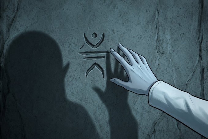 An illustration of a hand touching a wall with a carved symbol, casting a shadow of a person with pointed ears.