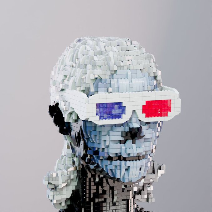 A LEGO bust sculpture of Larisa, a young creator who shares her accomplishments of working in crypto, managing creator campaigns, and building a career before finishing school. The 3D voxel-style portrait, with its distinctive red and blue 3D glasses, visually represents her identity as a digital-age entrepreneur and content creator.