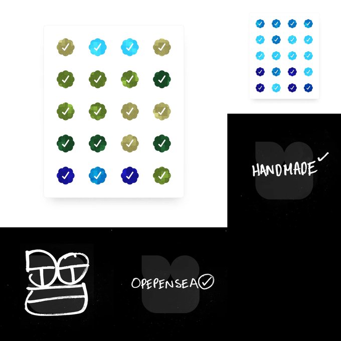 A collage showing sheets of hand-painted watercolor stickers with checkmarks in green, blue, and purple hues, along with logos reading "HAND MADE" and "OPENSEA."