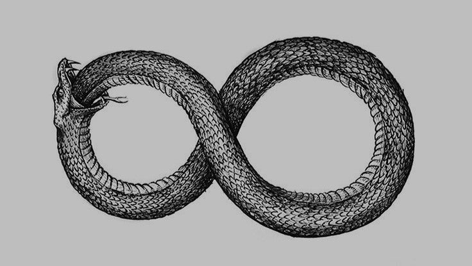 A black-and-white illustration of a snake coiled into an infinity symbol on a light gray background.