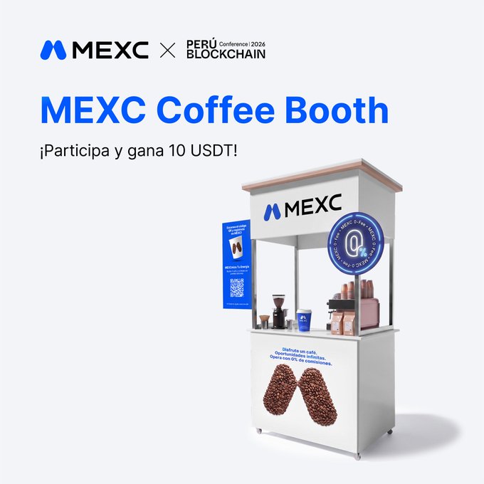 The image is a promotional poster for the "MEXC Coffee Booth" at the Perú Blockchain Conference 2026, featuring a 3D render of a branded coffee stand with the MEXC logo and the headline "¡Participa y gana 10 USDT!" (Participate and win 10 USDT). The booth display includes coffee beans forming the MEXC logo and text inviting attendees to "Disfruta un café, Oportunidades infinitas, Ganancias 0% de comisiones," aligning with the post's call to visit the booth in Lima for free coffee and a chance to win USDT.
