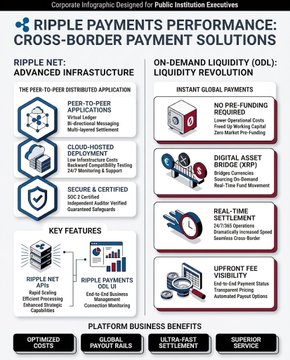 An infographic titled 'Ripple Payments Performance: Cross-Border Payment Solutions' detailing advanced infrastructure features, on-demand liquidity benefits, and platform business advantages for Ripple Net and Ripple Payments On-Demand Liquidity (ODL).