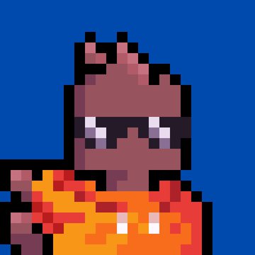 A pixel art character with dark skin, purple-tinted pixelated glasses, and an orange hoodie stands against a solid blue background, matching the humorous caption's self-deprecating description of the poster.