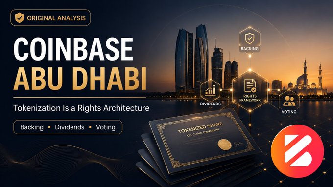 A promotional banner titled 'COINBASE ABU DHABI: Tokenization Is a Rights Architecture' featuring icons for backing, dividends, and voting rights.