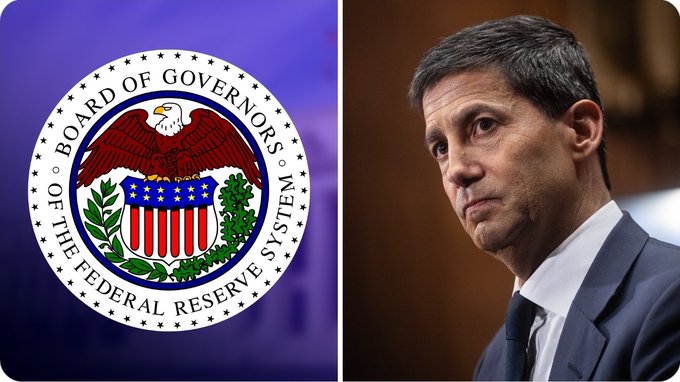The image shows the Federal Reserve Board of Governors seal alongside a man in a dark suit, relating to the post about Fed minutes indicating officials support potential rate hikes if inflation persists.