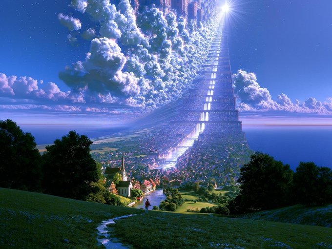 A surreal landscape depicting a massive, glowing, cloud-like structure or pillar extending from a peaceful village into the sky, viewed from a grassy hill.