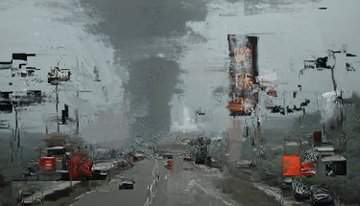 An abstract, impressionistic painting depicting a moody urban street scene with cars, billboards, and tall buildings rendered in grays, blacks, and pops of red.