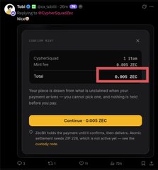 A screenshot of a payment confirmation screen showing a CryptoSquare bill of 6,984 ZEC and a total payment of 0.005 ZEC, with a highlighted section showing the conversion rate.