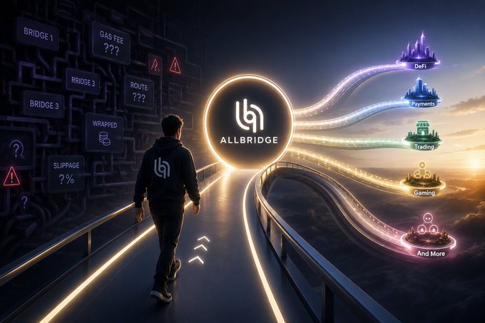 A promotional image for 'ALLBRIDGE' showing a person walking on a glowing path toward the logo, with icons for DeFi, Payments, Trading, and Gaming on the right, and blockchain terms like 'BRIDGE 1', 'GAS FEE', 'SLIPPAGE', and 'WRAPPED' on the left.