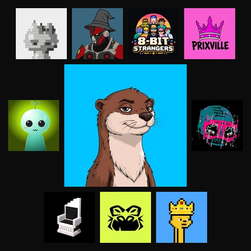 A collage displays various NFT/avatar profile pictures, including a central otter illustration and characters from collections like 'B-Bit Strangers' and 'Prixville'.