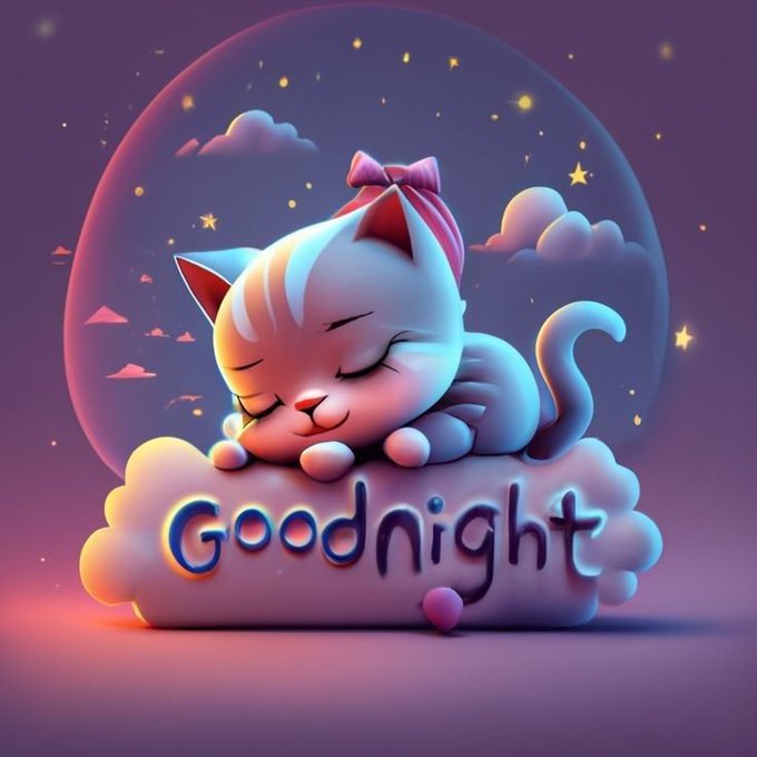 A 3D-rendered sleeping kitten with a pink bow resting on a cloud, with the word 'Goodnight' written in playful letters, set against a starry night sky.