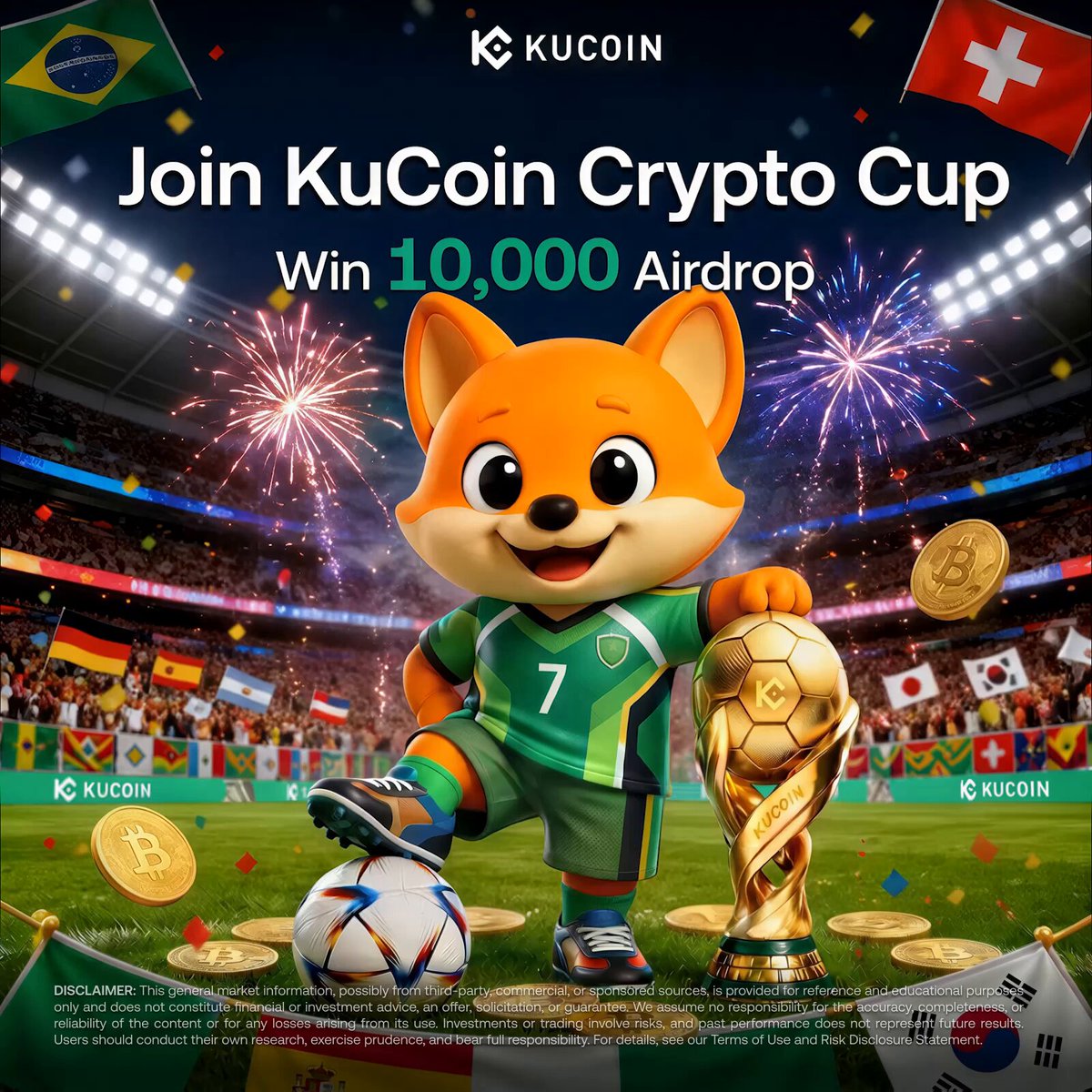 This image features a lively scene from a festive football game show at an air drop festival called "KUCOIN CRYPTO CUP!". At the center of this event, there's a small orange cat wearing a soccer uniform, holding a soccer ball and standing in front of a trophy. Surrounding the cat is a crowd of enthusiastic people, adding to the excitement of the game show.

The festival logo for "KUCOIN CRYPTO CUP!" is displayed prominently in the top left corner of the image, indicating that this photo was taken at an actual event. The post suggests that attendees should join the KUCOIN CRYPTO CUP! to participate and win a $10,000 Airdrop by leveraging their existing cryptocurrency funds, with the grand prize being a trophy that is displayed in the bottom right corner of the image.
