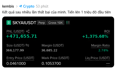 A Vietnamese trading post by 'kembis' in the 'Crypto' channel showing a successful position on SKYAIUSDT Perp with 10X Cross leverage, displaying PNL of +471,655.71 USDT and ROI of +1,375.68%.