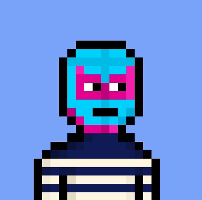 A pixel-art character with a blue face, pink/magenta glasses and accents, wearing a dark blue and white striped outfit against a light blue background.