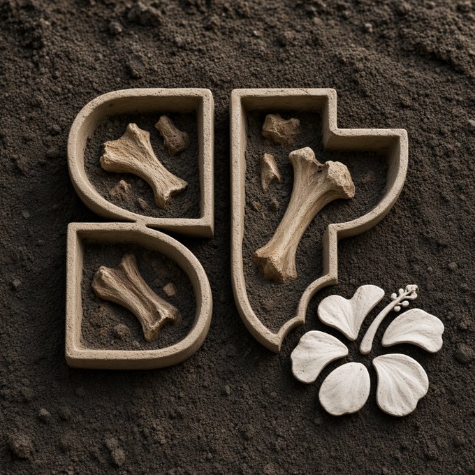 A 3D-rendered image shows the letters 'SF' formed as wooden shapes filled with dirt and bones, with a white flower lying next to them on the soil.