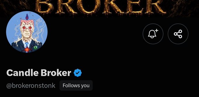 A Twitter profile page for "Candle Broker" (@brokeronstonk) with a verified blue checkmark, featuring a pixel-art avatar of a candle-headed figure in a suit, accompanied by notification and share icons in the header. The image corresponds to the post promoting the $CANDLE token, displaying the account behind the early-stage crypto launch with its 3,000 supply and 500M token cap.