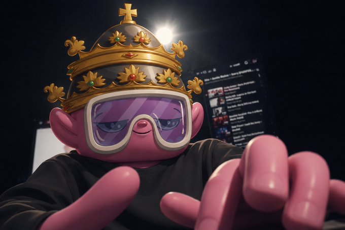 A 3D-rendered pink character wearing a jeweled golden crown and purple ski goggles, seated in front of a computer screen displaying a YouTube page.