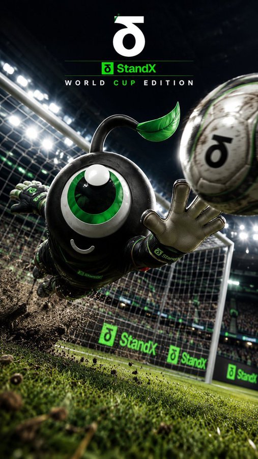 The image shows a soccer game taking place with a small, animated figure of an eagle that has kicked a soccer ball into the goal net. The background of the scene is designed as a stadium filled with players and spectators watching the game. The image appears to be from a poster or magazine about StandX and the World Cup Edition.