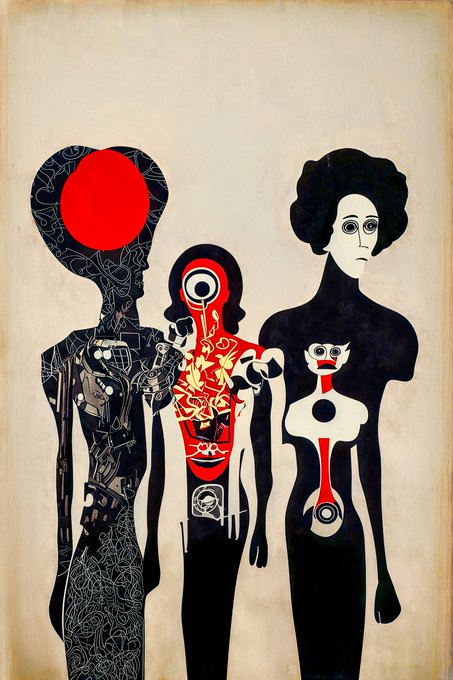 An abstract artwork displays three stylized female figures with surreal, symbolic elements—a solid red sun on one, a target-like pattern on another, and mechanical facial details on the third—against a beige, textured background.