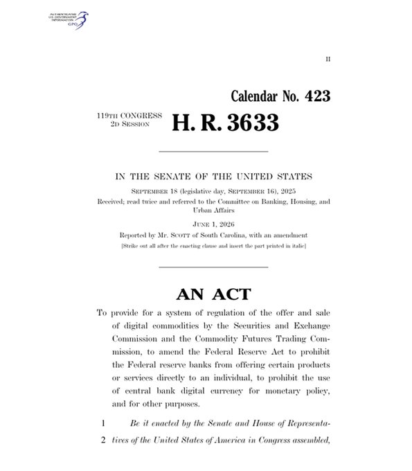 The image shows the official legislative cover page for H.R. 3633 (119th Congress, 2nd Session), formally titled as an act to provide regulation of digital commodities by the SEC and CFTC while amending the Federal Reserve Act regarding central bank digital currency.

The accompanying post frames this as a critical advocacy deadline—since the Senate returns July 13 and recesses August 8, the "Clarity Act" must pass the Senate by August 7, urging constituents to contact their senators to schedule a vote before the clock runs out.