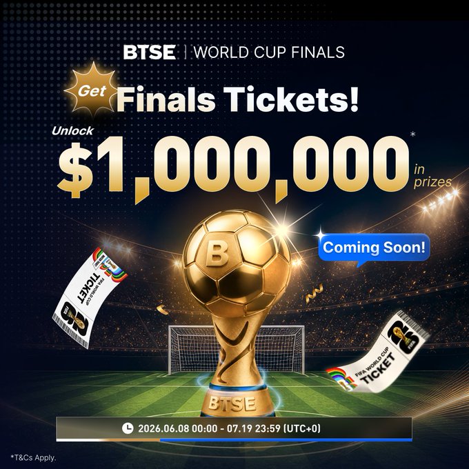 The image features a poster for a new BTSE campaign called "World Cup Final Sales" that's up for one day only. It announces an exciting opportunity for people to buy tickets and get World Cup Final tickets as prizes, with prices starting at $1,000,000 each. The campaign is sponsored by BTSE and will run from June 6th until July 1st. The poster also includes a link to the BTSE website that provides more details about the campaign and how to join for updates on future sales.