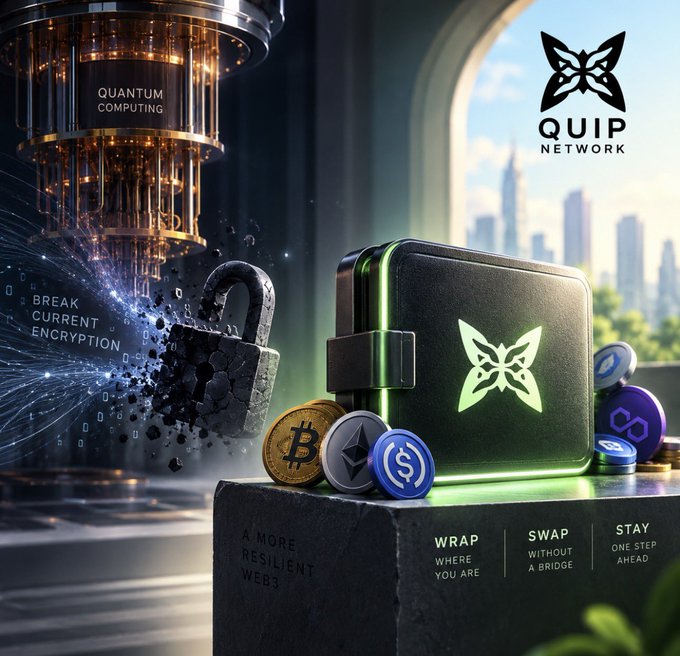 A promotional graphic for "QUIP NETWORK" featuring a glowing quantum computing device, a broken padlock, cryptocurrencies including Bitcoin and Ethereum, and taglines like "BREAK CURRENT ENCRYPTION," "WRAP WHERE YOU ARE," "SWAP WITHOUT A BRIDGE," and "STAY ONE STEP AHEAD."