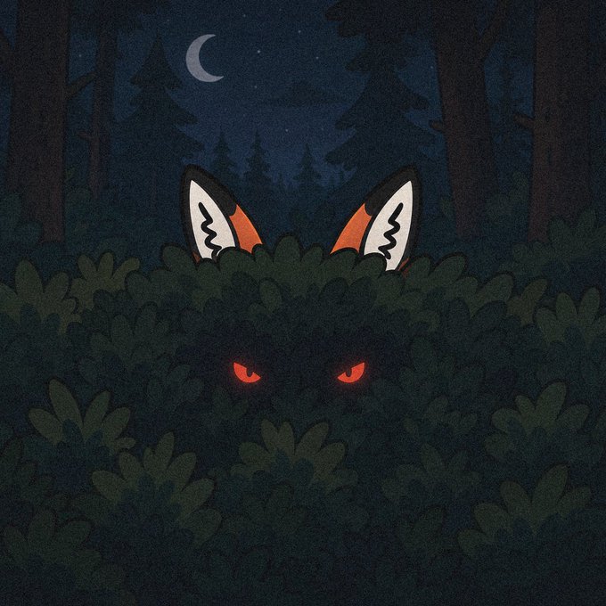 A digital illustration of a mysterious creature hiding in bushes at night, with only glowing red eyes and striped fox-like ears visible beneath a crescent moon and starry sky.