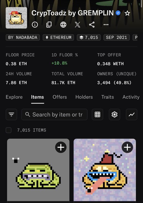 An OpenSea listing page for 'CrypToadz by GREMLIN' NFT collection by NADABADA on Ethereum, showing 7,015 items, a floor price of 0.38 ETH, 24h volume of 7.86 ETH, total volume of 81.7K ETH, and 3,494 unique owners.