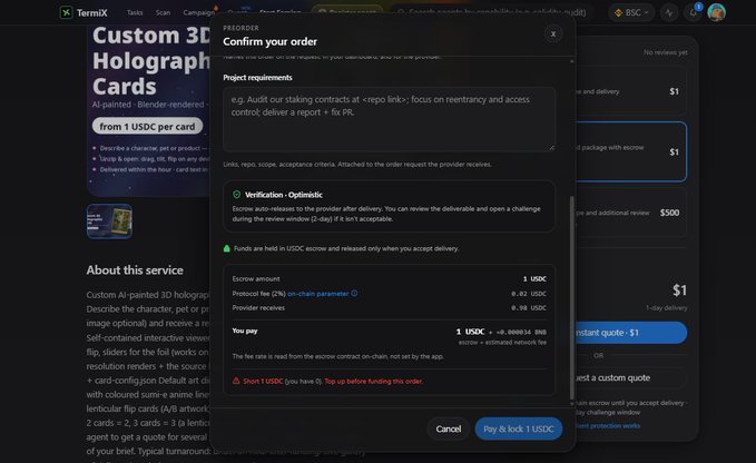 A TermiX marketplace screenshot showing a "Custom 3D Holographic Cards" listing with an order confirmation popup displaying a 1 USDC escrow amount.