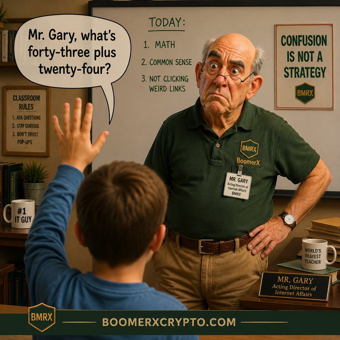 A cartoon depicting 'Mr. Gary' in a classroom wearing a 'BoomerX' polo shirt, with a student asking 'forty-three plus twenty-four?' and text reading 'TODAY: 1. MATH, 2. COMMON SENSE, 3. NOT CLICKING WEIRD LINKS' alongside 'CONFUSION IS NOT A STRATEGY' and 'BOOMERXCRYPTO.COM'.