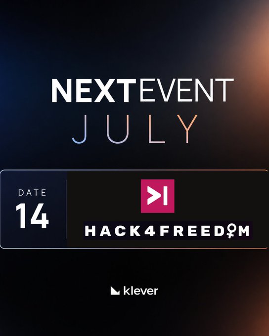 A sleek promotional graphic announces "NEXT EVENT JULY 14 - HACK4FREEDOM" in bold white text against a dark background with subtle orange accents, featuring the Klever logo at the bottom. The image supports the post's message about Klever attending the Hack4Freedom event in São Paulo to build applications with the Breez SDK.