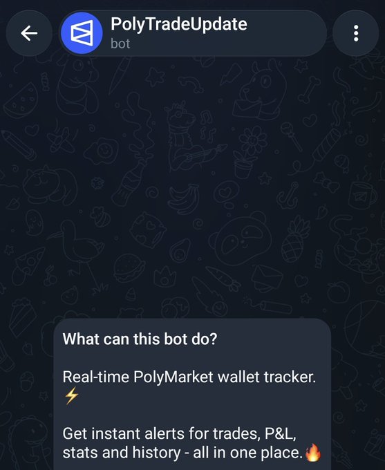 A screenshot of a Telegram bot interface titled "PolyTradeUpdate," described as a real-time Polymarket wallet tracker that provides instant alerts for trades, P&L, stats, and history. The image illustrates the advertised tool mentioned in the post, which allows users to track any Polymarket wallet activity instantly via Telegram.