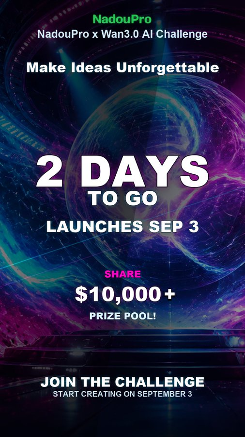 A promotional graphic for the 'NadouPro x Wan3.0 AI Challenge' with text reading '2 DAYS TO GO', 'LAUNCHES SEP 3', '$10,000+ PRIZE POOL', and 'JOIN THE CHALLENGE' over a vibrant cosmic sphere background.