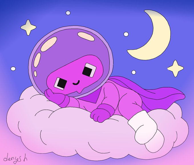 A cute cartoon illustration of a purple character wearing a spacesuit helmet and cape, resting on a pink cloud under a crescent moon and stars, signed 'denysh' in the corner.