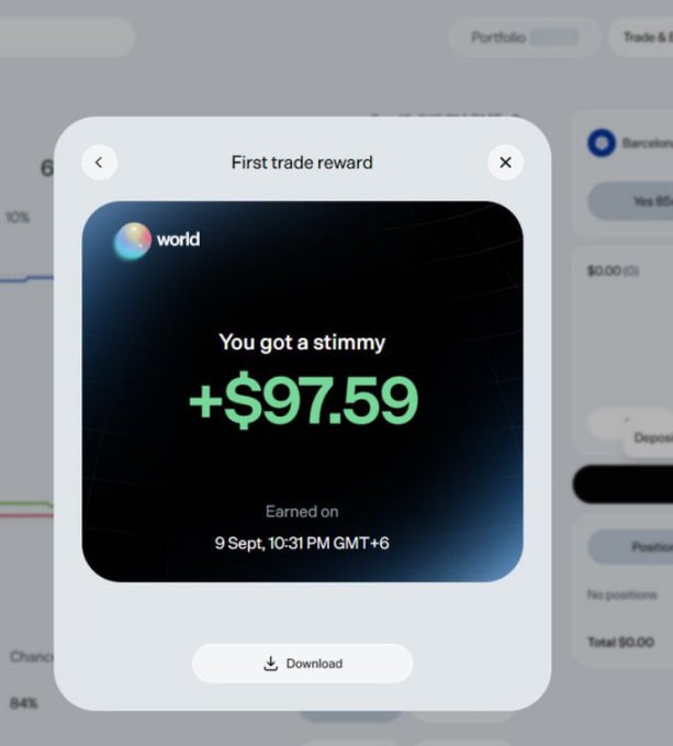 Mobile app screenshot from 'world' showing a 'First trade reward' notification with '+S$97.59' earned on 9 Sept, 10:31 PM GMT+6.