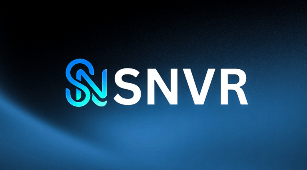 The image displays the SNVR logo, featuring a stylized interlocking blue and green emblem beside the bold white "SNVR" lettering against a dark blue gradient background. This branding corresponds to the post discussing SNVR's mission to rethink ownership, governance, and benefits of digital infrastructure beyond just internet access.