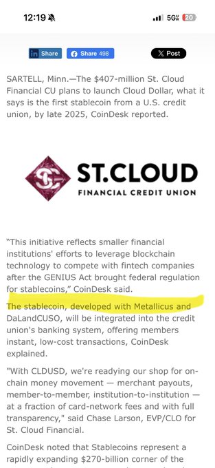 A news screenshot about St. Cloud Financial Credit Union launching a stablecoin called Cloud Dollar, with text from CoinDesk.