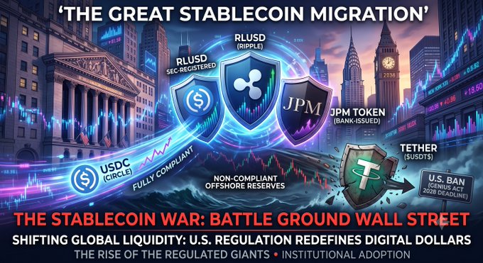 A dramatic digital illustration depicting "The Great Stablecoin Migration" on Wall Street, featuring logos for RLUSD (Ripple), JPM Token (bank-issued), USDC (Circle), and Tether (USDT), with text highlighting "The Stablecoin War: Battle Ground Wall Street," shifting global liquidity, and a looming "U.S. Ban" deadline of 2028 under the GENIUS Act tied to non-compliant offshore reserves.

The image visually reinforces the post's warning about Tether's ticking clock under the GENIUS Act, illustrating the competitive landscape where regulated players like USDC, RLUSD, and JPM Token stand in contrast to Tether's threatened 2028 U.S. ban due to its volatile reserves.