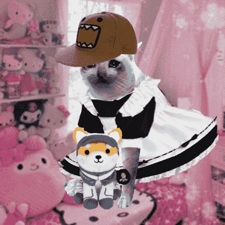A cat dressed in a maid outfit and a Domo-kun cap stands in a pink room, holding a small, cartoonish dog plushie wearing a tactical vest.