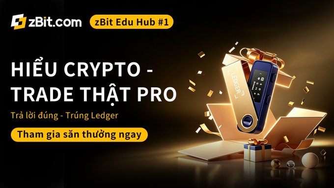 The image is a promotional banner for "zBit Edu Hub #1: HIỂU CRYPTO - TRADE THẬT PRO" featuring a Ledger hardware wallet bursting out of a gift box with gold ribbons, accompanied by the zBit.com logo and a yellow "Tham gia săn thường ngay" (Join the rewards hunt now) button, advertising a crypto trivia contest where participants can win Ledger prizes.