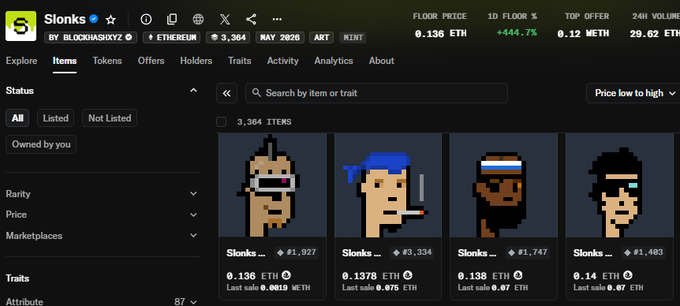 A Slonks NFT marketplace page showing 3,364 items with floor price 0.136 ETH, 1D floor change +444.7%, and top offer 0.12 WETH, displaying various pixel art character avatars.