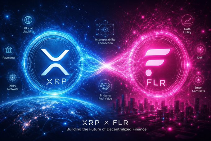 A digital graphic displays the XRP and FLR logos encircled by glowing blue and magenta halos against a cosmic backdrop, connected by a luminous bridge symbolizing "Interoperability Connection," "Bridging Real Value," and a "Smart Contracts" DeFi ecosystem. The tagline "XRP × FLR – Building the Future of Decentralized Finance" anchors the scene, visually reinforcing the post's claim that Flare Network aims to absorb 5 billion XRP—roughly 8% of XRP's circulating supply—into its DeFi infrastructure, dramatically reducing available liquidity.
