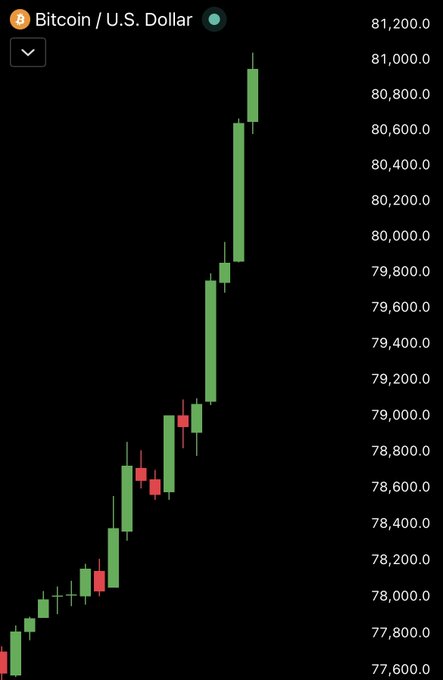 Another Bitcoin/U.S. Dollar candlestick chart showing a significant bullish rally, reaching over 81,000.