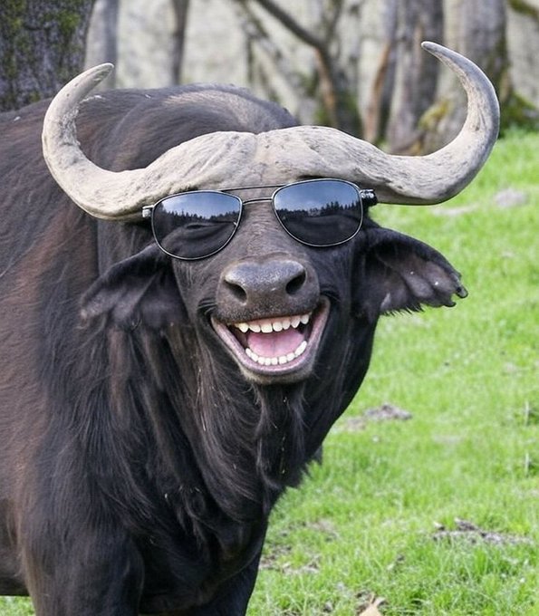 A humorous photo of a dark brown buffalo wearing aviator sunglasses and smiling widely, appearing to show its teeth in a grassy outdoor setting.