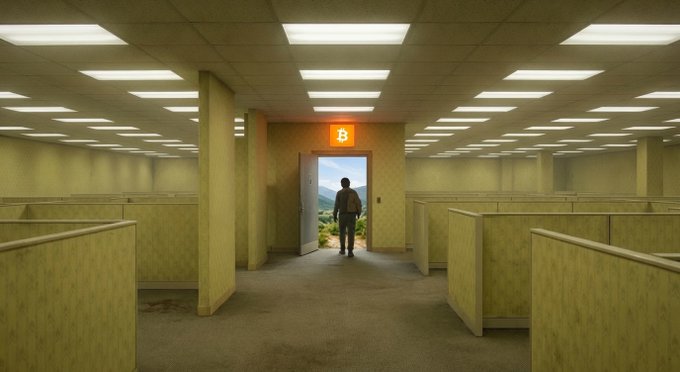 A lone figure stands in a doorway of an endless, yellow-tiled office maze, gazing out at a mountain landscape illuminated by a glowing orange "B" sign overhead—symbolizing Bitcoin as the escape from the monotonous cubicle "Blockrooms" of traditional finance.