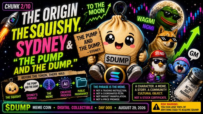 A colorful promotional graphic for a crypto meme coin called "$DUMP", featuring a cute dumpling character with "$DUMP" on its belly, Pepe the Frog, and various text including "THE ORIGIN THE SQUISHY, SYDNEY & THE PUMP AND THE DUMP.", "CHUNK 2/10", and "DAY 000 AUGUST 29, 2026".