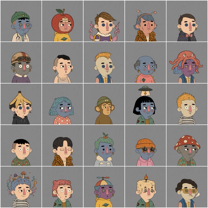 A grid of 25 illustrated character portraits featuring quirky, stylized faces with various hats (beanies, caps, mushroom hats), accessories (sunglasses), and colorful designs on a gray background.